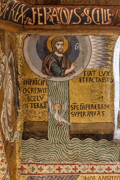 Palatinska kapellet (basilikan), cykel av mosaiker i Gamla testamentet, cykel av skapelsen: "Fiat Lux Gud skapar ljuset och delar vattnet", XII-talet av Sicilian School