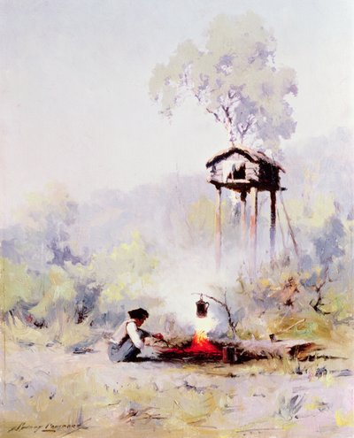 Lägereld (olja på duk) av Sidney Laurence