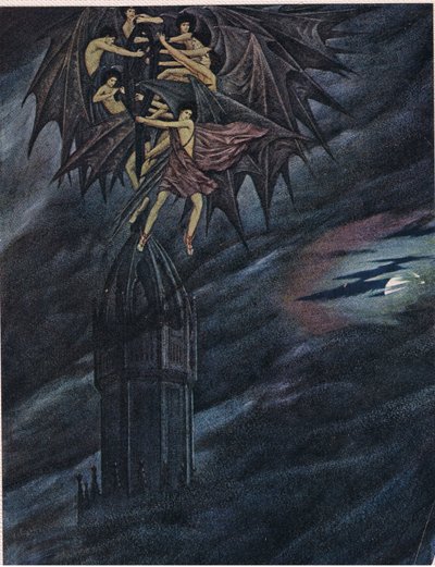 Lucifer och hans änglar skyndar sig! Påskynda! O ni andar, släp från dess station det tunga korset av järn av Sidney Meteyard