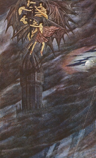 Den gyllene legenden: Lucifer och hans änglar (färglitografi) av Sidney Meteyard
