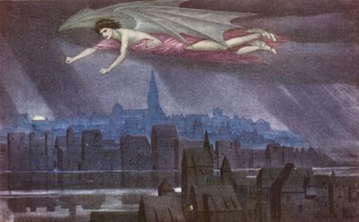 Den gyllene legenden: Lucifer flyger över staden (färglitografi) av Sidney Meteyard