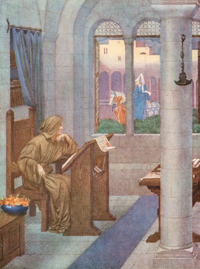 Den gyllene legenden: Scriptorium (färglitografi) av Sidney Meteyard