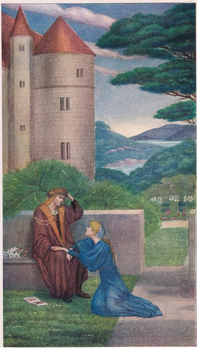 Prinsen och Elsie i trädgården. "Men kom först hit och lägg ner blommorna bredvid mig, lägg dina händer i mina. av Sidney Meteyard