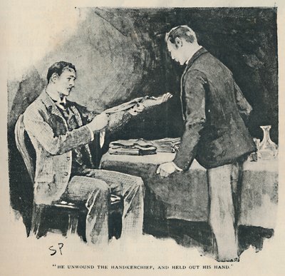Han lindade upp näsduken och räckte ut sin hand, 1892 av Sidney Paget