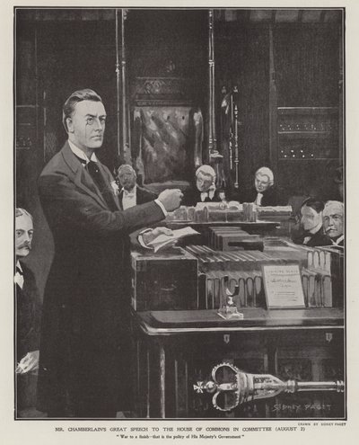 Joseph Chamberlains tal om boerkriget i underhuset den 2 augusti 1901 (litho) av Sidney Paget
