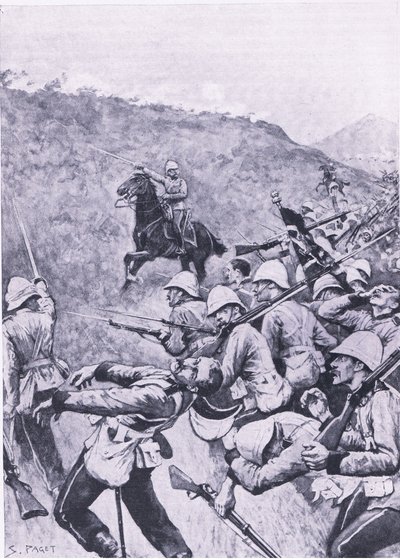 Langs Nek, 28 januari 1881 (första boerkriget), illustration från brittiska striderna på land och hav, 1915 av Sidney Paget