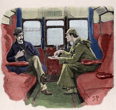 Silver Blaze: Sydney Pagets illustration av ett Sherlock Holmes-äventyr. Den berömda detektiven är representerad med Dr. Watson på ett tåg. Publicerad på "The Strand Magazine". Nyheter av Conan Doyle. 1892. av Sidney Paget