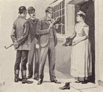 Hembiträdet visade oss stövlarna: scen från Sherlock Holmes-berättelsen The Boscombe Valley Mystery, av Arthur Conan Doyle (litho) av Sidney Paget