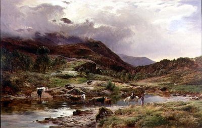 En bergig flodscen med boskap i förgrunden (olja) av Sidney Richard Percy