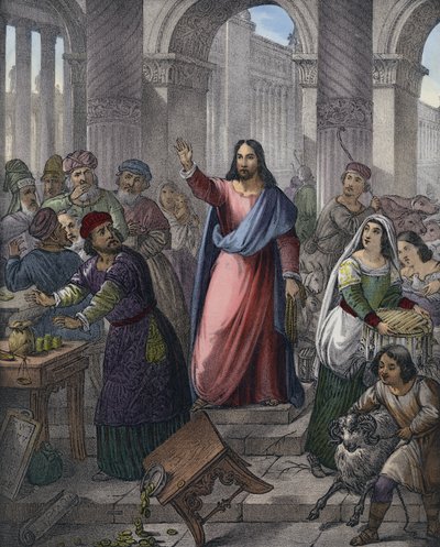 Kristus renar templet (färgad gravyr) av Siegfried Detler Bendixen