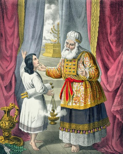 Eli ifrågasätter Samuel angående visionen, från en bibel tryckt av Edward Gover av Siegfried Detler Bendixen