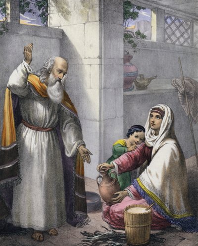 Elia och änkan från Sarfat (färgad gravyr) av Siegfried Detler Bendixen