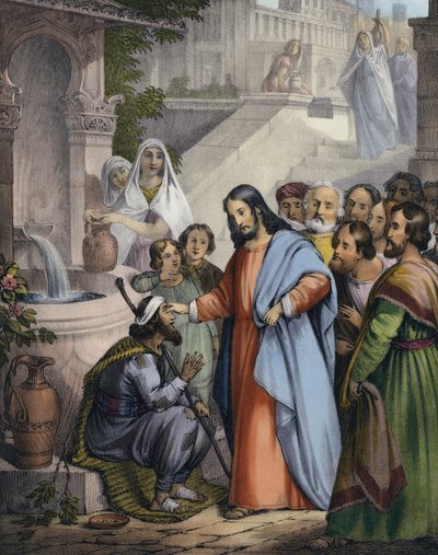 Jesus ger syn åt en född blind (färgad gravyr) av Siegfried Detler Bendixen