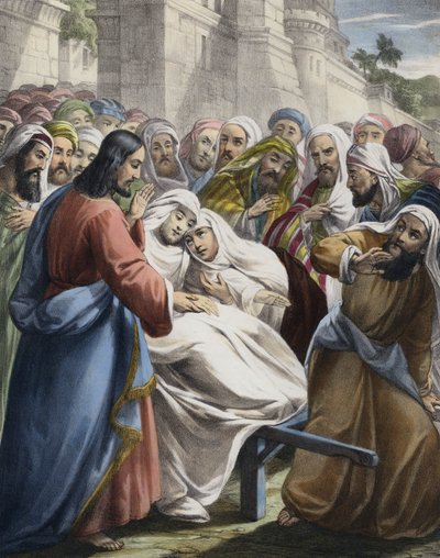 Sonen till The Widow of Nain uppväckt till liv (färgad gravyr) av Siegfried Detler Bendixen