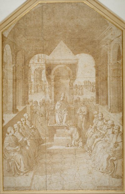 Aeneas Piccolomini kysser påven Eugenius toffel efter Pinturicchio (penna & brunt bläck med tvätt på papper) av Sienese School
