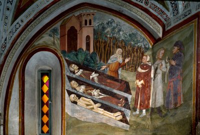 De dödas möte med levande Detalj av en fresk från skolan i Siena. 1300-talet. Klostret Saint Benoit (Sacro Speco), trappa, Subiaco (Rom), Italien av Sienese School