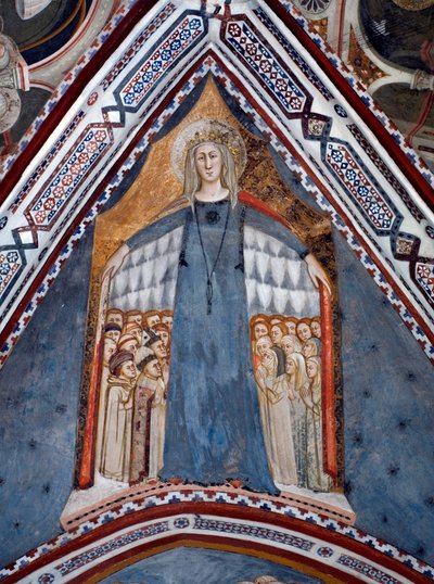 Representation av Jungfru Maria Kyrkans moder Fresk av Jungfrukapellet gjord av skolan i Siena på 1300-talet - Klostret St. Benedetto (Sacro Speco), Subiaco (Rom), Italien av Sienese School