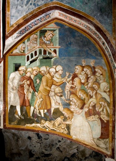 Massakern på de oskyldiga Detalj av en fresk från skolan i Siena (1300-talet) 1363-1366 Klostret St. Benedetto (Sacro Speco), Subiaco (Rom), Italien av Sienese School