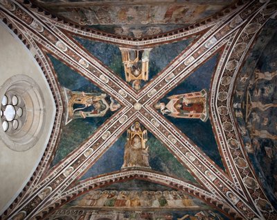 Vy över fresker som dekorerar ett av valven i den övre kyrkan som representerar de fyra läkarna i den romerska kyrkan: Ambrosius av Milano av Sienese School