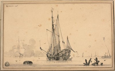 Hamnplats med fartyg i vila och pålning av Sieuwert van der Meulen