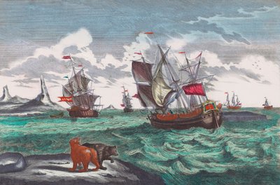 Valfångstflotta utanför Grönland på 1700-talet (gravyr) av Sieuwert van der Meulen