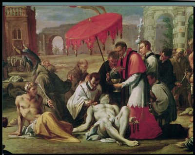 S:t Charles Borromeo (1538-84) Tillhandahåller sakramentet till pestoffer 1576 (uppgift om 78610) av Sigismondo Caula