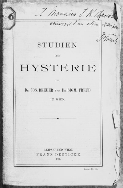 Framsidan av "Studien uber Hysterie" av Josef Breuer (1842-1925) och Freud, tillägnad Jean Charcot (1867-1936) Leipzig och Wien, utgiven av Franz Deuticke, 1895 av Sigmund Freud