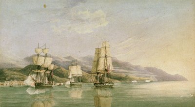 Attack mot konvoj med arton franska handelsfartyg vid Laigrelia och Alassio, 27 juni 1812, början av 1800-talet (penna, bläck, grafit, akvarell) av Silas Thomson (attr.to) Hood