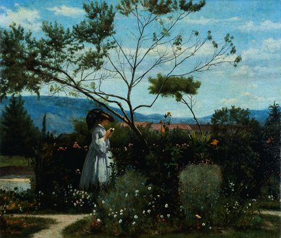 Bland blommorna i trädgården, av Silvestro Lega (1826-1895). av Silvestro Lega