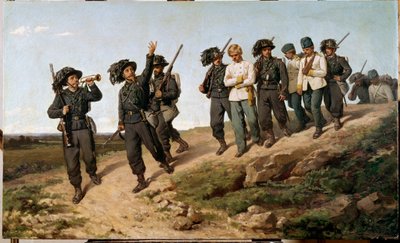 Avsnitt av den italienska kampanjen 1859: "" Österrikiska krigsfångar omgivna av bersaglier (bersaglieri)"" Målning av Silvestro Lega (1826-1895) 1861 Sön. 57,5 x 95 cm Florens, Galleria d