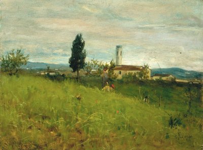 Liten kyrka på landsbygden, ca 1877 (olja på pannå) av Silvestro Lega