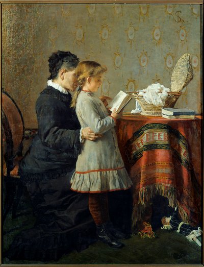 Läsläxa. En sjuksköterska lär sig läsa en liten flicka. Målning av Silvestro Lega (1826-1895) Ec. Ital av Silvestro Lega