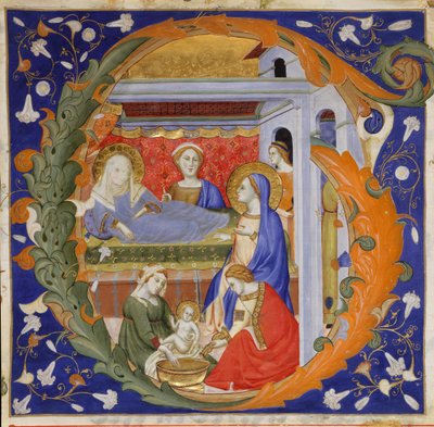 Manuskriptbelysning med jungfruns födelse i ett initialt G, från en gradvis, italiensk, ca. 1 av Silvestro dei Gherarducci
