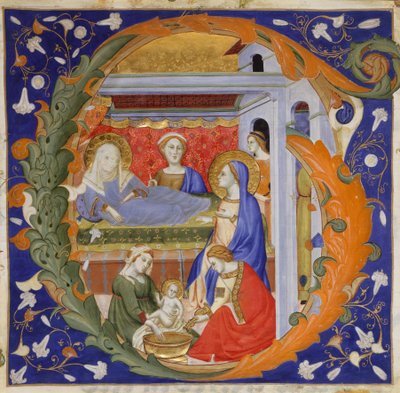 Manuskriptbelysning med jungfruns födelse i ett initialt G, från en Gradual, ca. 1375. av Silvestro dei Gherarducci