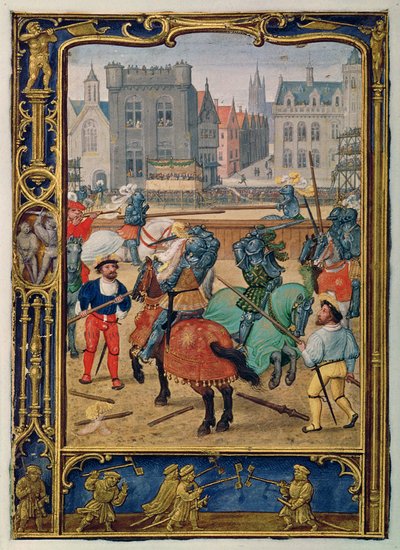 Lägg till 24098 f.23v juni: tornerspel och en lek med hobbyhästar, från en timbok eller golfboken, c.1520-30 (vellum) av Simon (workshop of) Bening