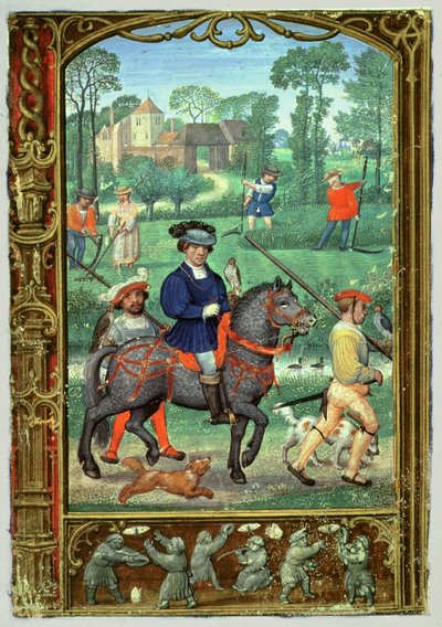 Lägg till 24098 f.24v juli: Falkejakt, höskötsel och jagande av fjärilar, från en timbok, eller golfboken, c.1520-30 (vellum) av Simon (workshop of) Bening