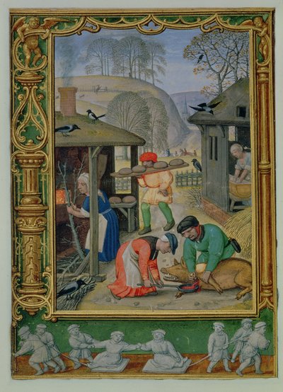 Lägg till 24098 f.29v December: Förbereda mat för vintern, baka bröd och döda en gris, från en timbok, eller golfboken, c.1520-30 (vellum) av Simon (workshop of) Bening