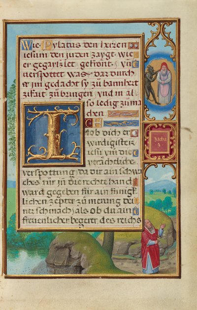 Rand mit der Vision des Hohenpriesters und des Teufels von Sacharja av Simon Bening