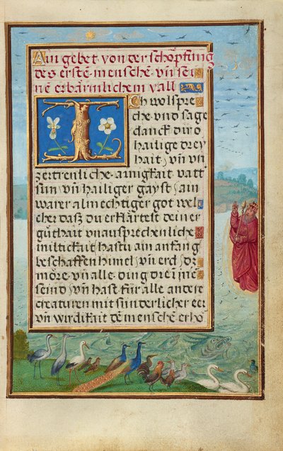 Bordüre mit der Erschaffung von Vögeln und Fischen av Simon Bening