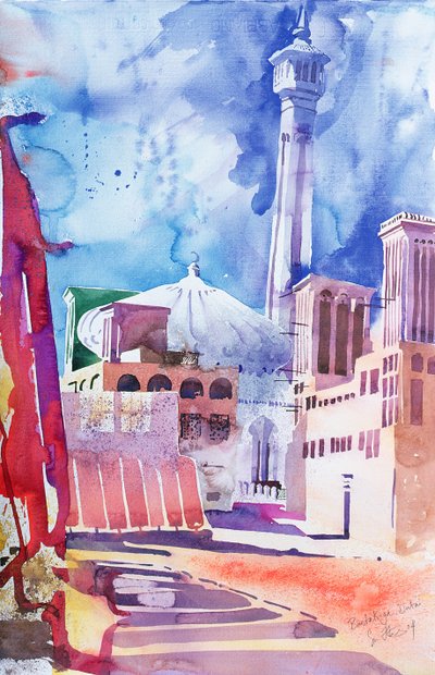 Bastakia, Dubai, 2004 (akvarell på papper) av Simon Fletcher