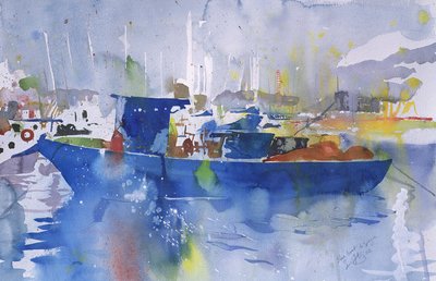 Blå båt La spezia, Italien, 2002 (akvarell) av Simon Fletcher