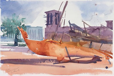 Dubai, Boats and Wind Towers, 2004 (akvarell på papper) av Simon Fletcher