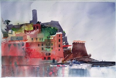 Fernazza, Åtta båtar, 2002 (akvarell på papper) av Simon Fletcher
