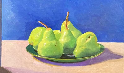 Fem gröna päron (olja på pannå) av Simon Fletcher