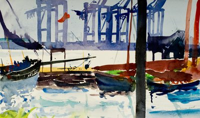 Hamburg, containerhamn, 2009 (akvarell) av Simon Fletcher