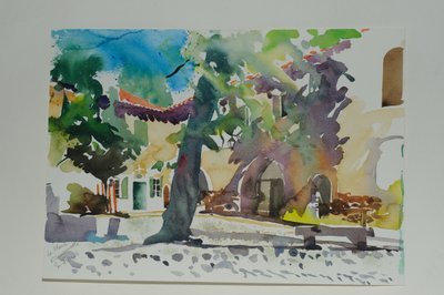 La Place, Villeneuvette, 2009 (akvarell på papper) av Simon Fletcher