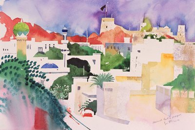 Muscat Fort and Mosques, 2004 (akvarell på papper) av Simon Fletcher