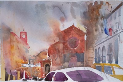 Orvieto Piazza, Italien 2002 (akvarell) av Simon Fletcher