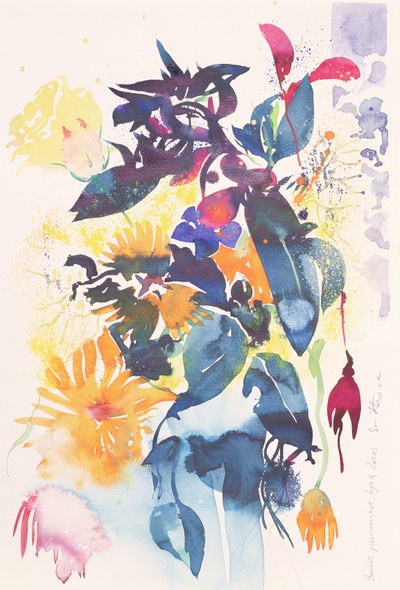 Ringblommor, persika, lilja, ros, 2002 (akvarell) av Simon Fletcher