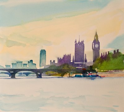 Westminster från gångbron II, 2016 (akvarell) av Simon Fletcher